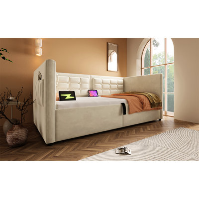 Upholstered Twin Daybed In Beige Velvet, Hydraulic Storage, Type - C Charging Bed Frame, Wooden Slats, And Back For A Comfort Oriented Bedroom Size Velvet With & Charging, Comfortable Rest
