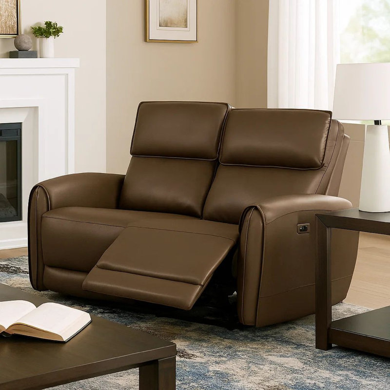 Causeuse inclinable électrique Sily, similicuir brun clair, 57 pouces, USB, Marron clair