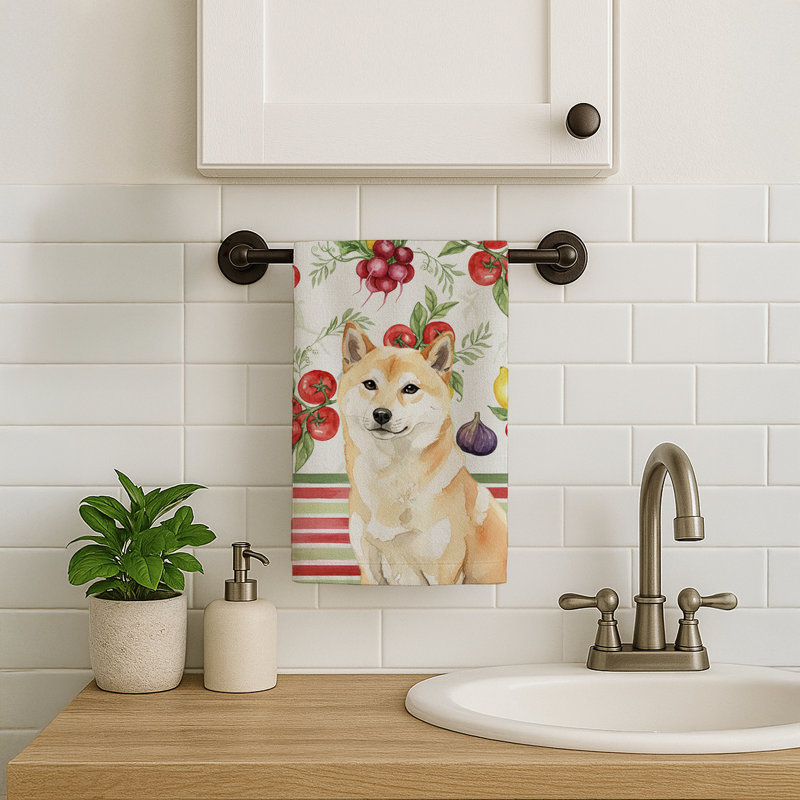 Cream Shiba Inu Vegetables Kitchen Towel, Cream Shiba Inu