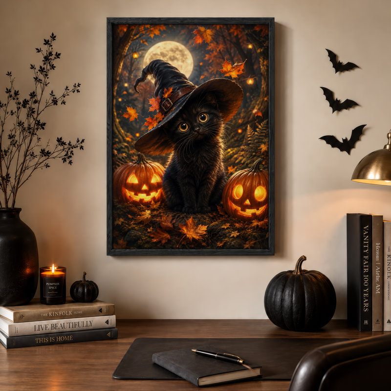 Art mural sur toile, "Chat noir en chapeau de sorcière avec citrouilles lumineuses", H 24 po x l 18 po