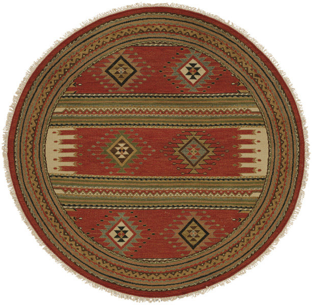 Tapis géométrique en laine tissé à plat à la main rouille / rouge / vert, Carré 8 pi
