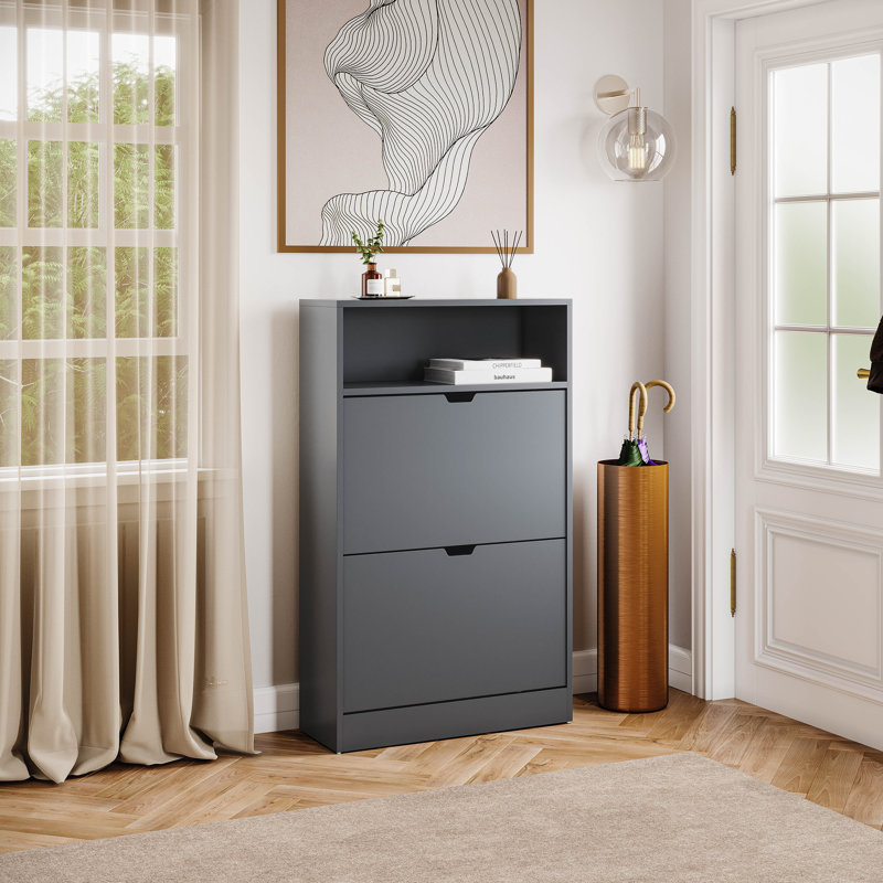 2 Drawer Shoe Cabinet with Open Shelf Modern Storage Furniture for Hallway Living Room Bedroom, Grey