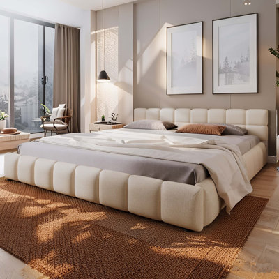 Modern Chenille Upholstered Platform Bed Fream With Checkerboard Design Thick Headboard And Footboard