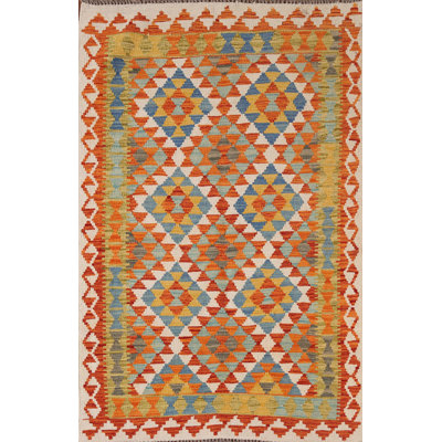Tapis oriental multicolore en laine Kilim 4 x 6