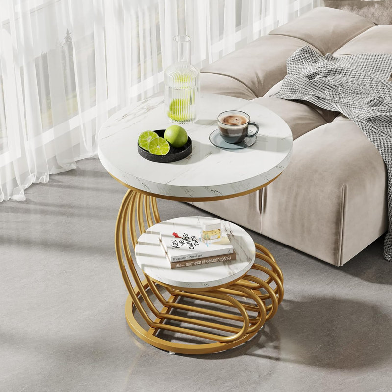 Gold and White Faux Marble Round End Table with Storage Shelf
