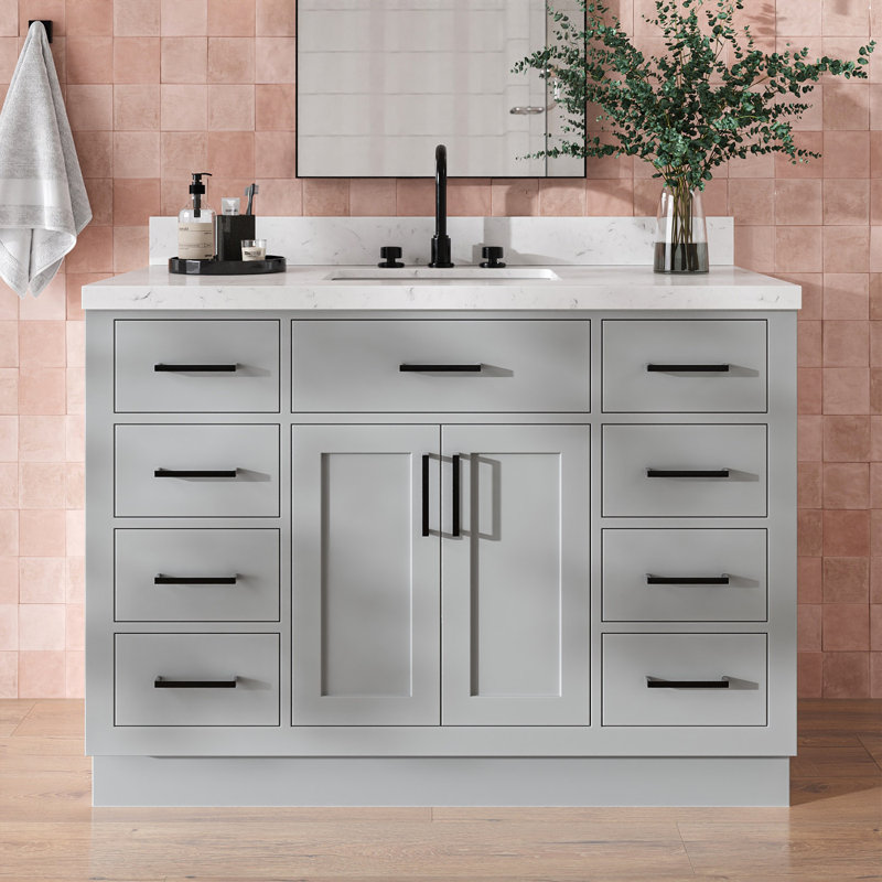 Tidworth 48'' Solid Wood Single Bathroom Vanity with 1.5'' Carrara Quartz Top Sink, Gray, Rectangular