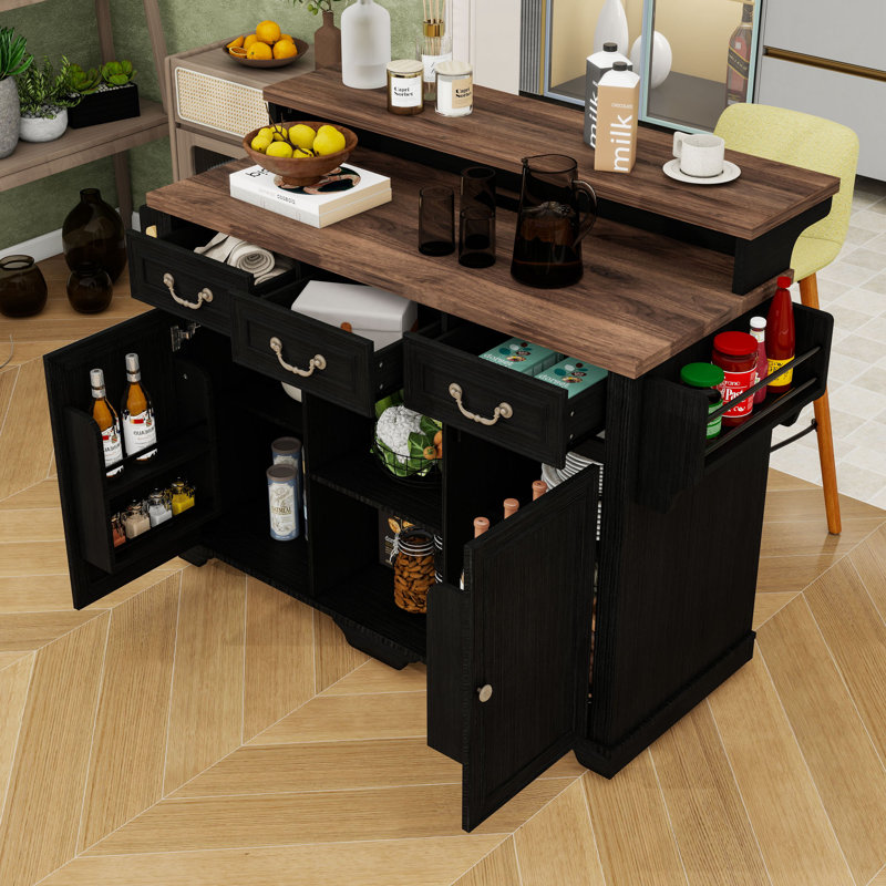 Îlot de cuisine roulant avec rangement, tablettes réglables, prise de courant, 3 tiroirs et comptoir de bar, Ash Black