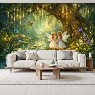 Peel and Stick Wallpaper Magical Fairy Forest Two Winged Girls Pond Glowing Lights Butterflies Wall Murals 69"H x 96"W Removable PVC Wall Paper Self-Adhesive Wall Decor for Bedroom Living Room Home Office