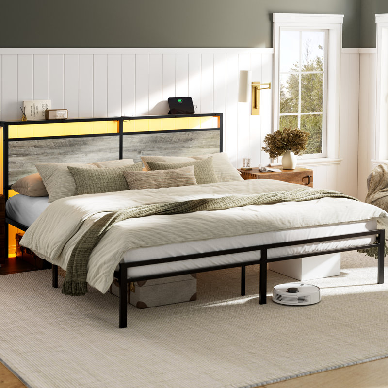 Antioch Metal Platform Bed with LED Light and Charging Station, King, Gray