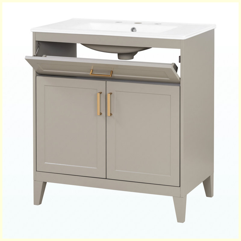 Meuble-lavabo 30 po en bois massif beige avec rangement en céramique, Beige