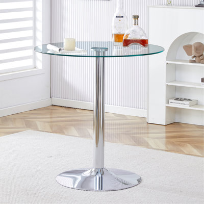 Un plateau de table en verre d'un diamètre de 35 pouces et une table de salle à manger circulaire minimaliste moderne avec des pieds en métal argenté électrolytique. Convient aux restaurants, salons et salles de conférence.