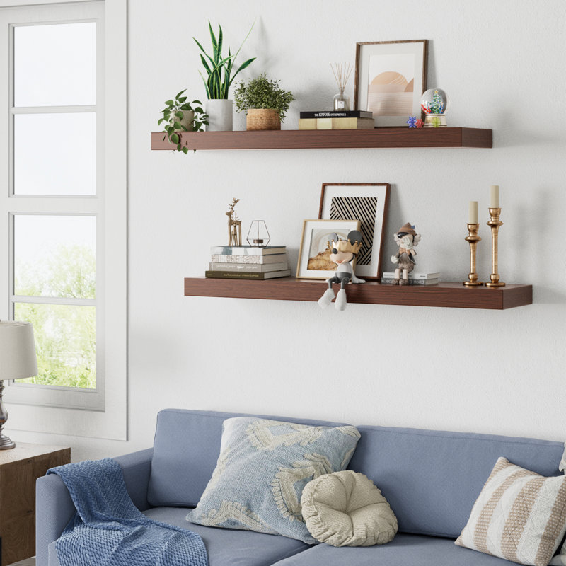 Friesen 2 Piece Painted Wood Floating Shelves, Bathroom Wall Shelves 2 Inches Thick, 2" H x 36" W x 8" D, Walnut