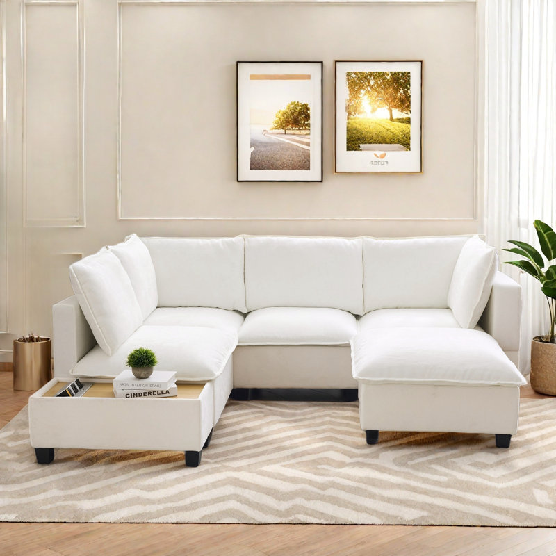 U-shaped Sectional Sofa Couch With A Movable Ottoman And A Coffee Table With Hidden Charging Devices, White Chenille