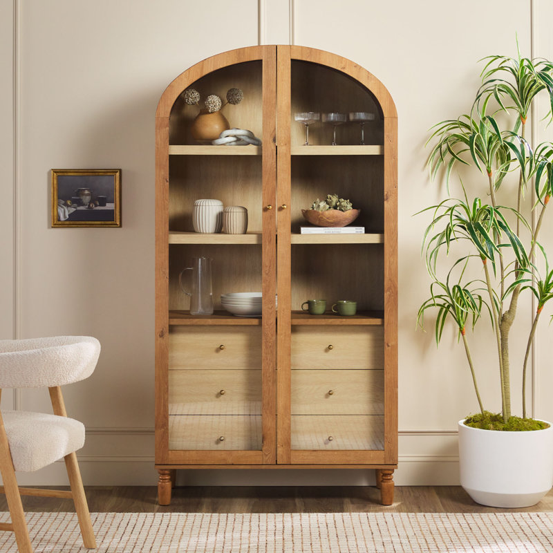Holzhauer Modern Arched Glass Bookcase With Cabinet, English Oak