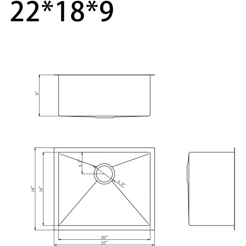 Évier de cuisine encastré à simple cuve, en acier inoxydable 304, l 22 po x P 18 po x H 9 po, finition brossée, cuisine moderne