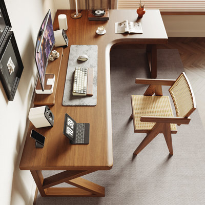 Walnut Solid New Zealand Pine Right Facing L-Shaped Corner Writing Desk