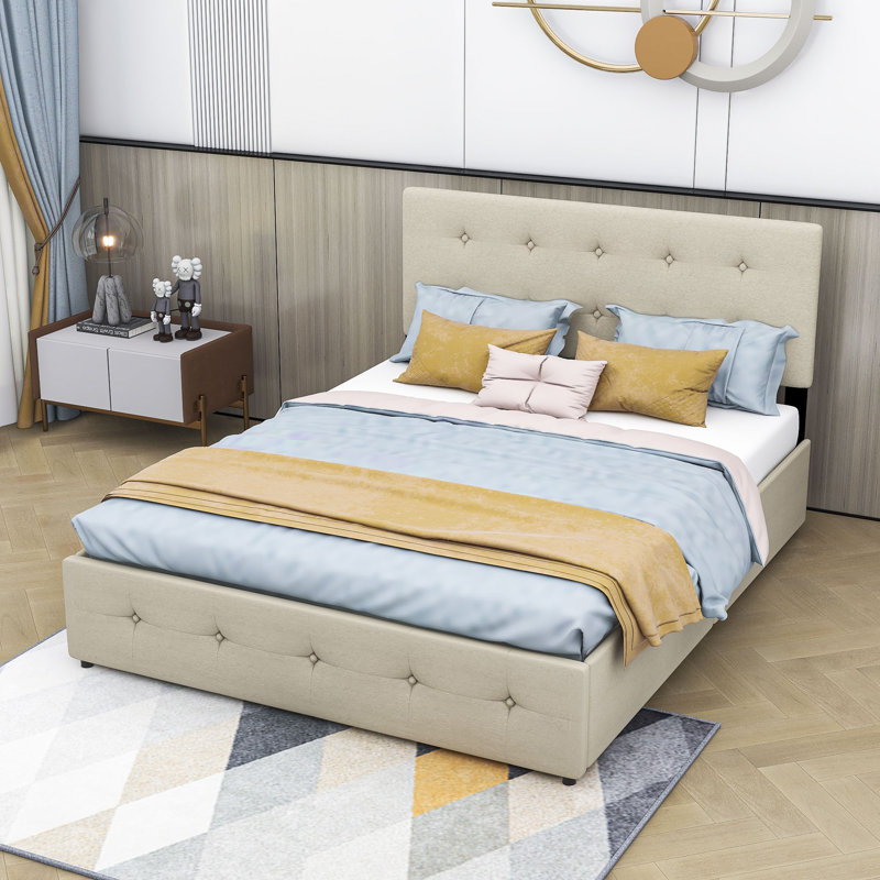 Upholstered Platform Storage Bed, Beige