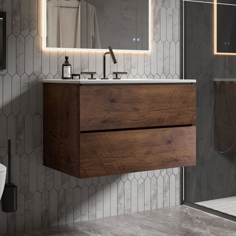 Meuble-lavabo simple 30 po avec trop-plein en céramique avec trop-plein Derrance, pré-assemblé, Brun, 30"