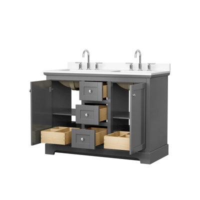 Meuble-lavabo double 48 po Avery gris foncé, comptoir en marbre de culture blanc, lavabos carrés encastrés (3 trous), garniture en chrome poli