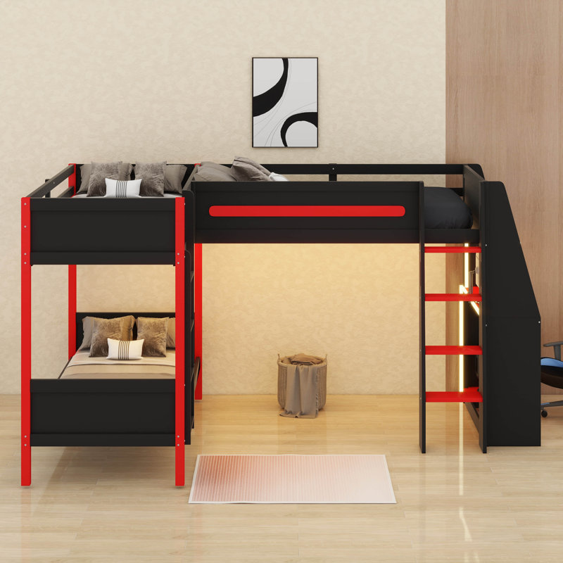 Lit superposé triple Gaming avec bureau, éclairage à DEL et tablettes de rangement, structure de lit superposé simple en L avec 3 lits