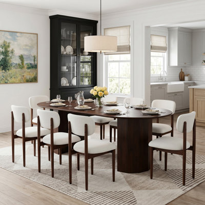 79" Solid Wood Oval Dining Table Set With 8 Fabirc Upholstered Dining Chairs Modern Double Pedestal Dining Set For Seats 8