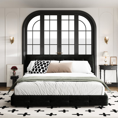 Très grand cadre de lit en chenille de très grande taille avec tête de lit et coussin en nuage doux, lattes en bois de pin en métal pour un soutien stable