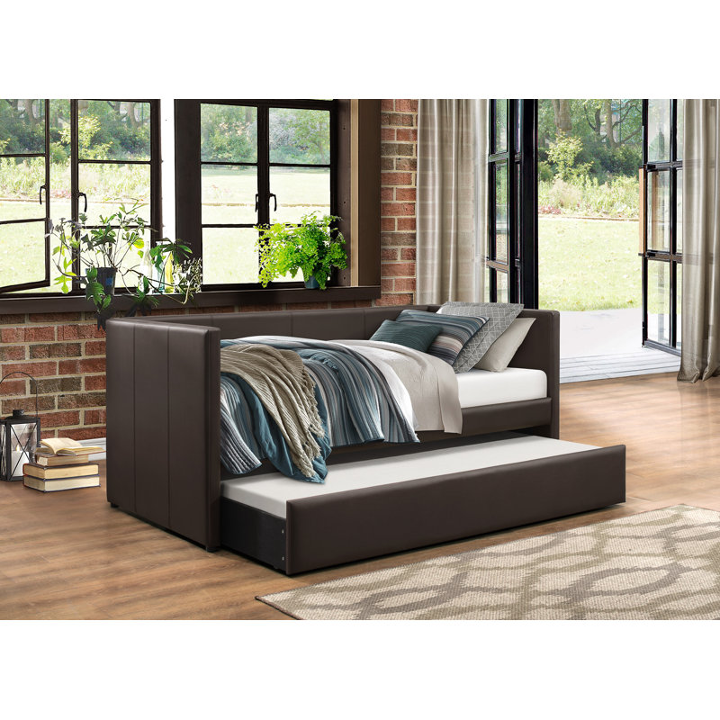 Faux Leather Upholstered Contemporary Daybed With Trundle Wooden Furniture 1Pc, Brown