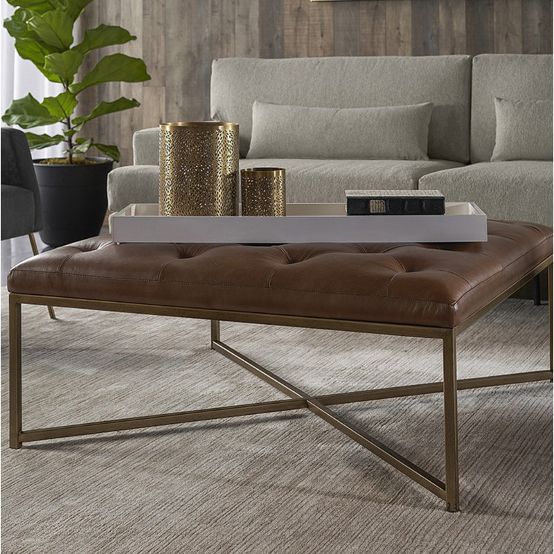 Repose-pieds de cocktail carré en cuir véritable capitonné Osa, Cuir véritable Marseille camel