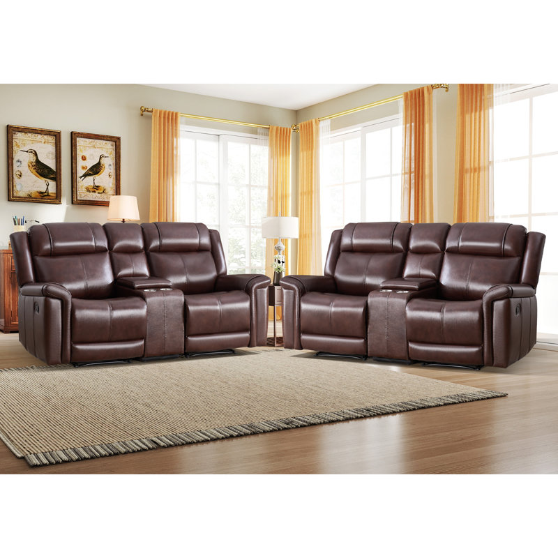 Causeuse inclinable manuelle en cuir véritable de 75 po de largeur avec console centrale et porte-gobelets (ensemble de 2)
