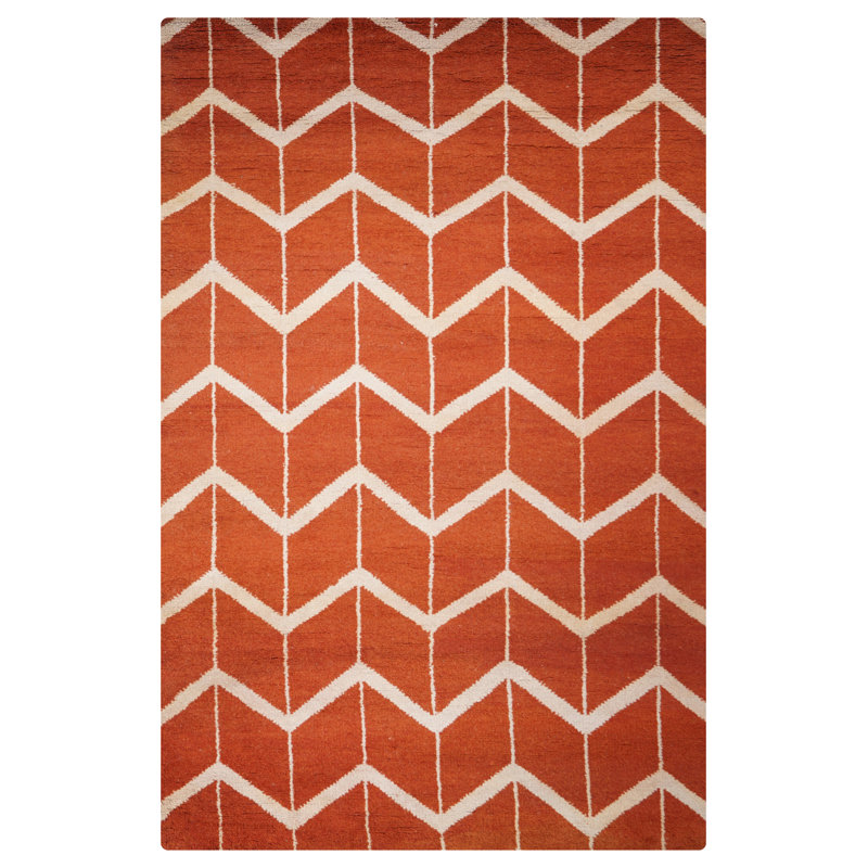 Tapis d'intérieur rectangulaire en laine rouge et beige, noué à la main, motif géométrique, fait main