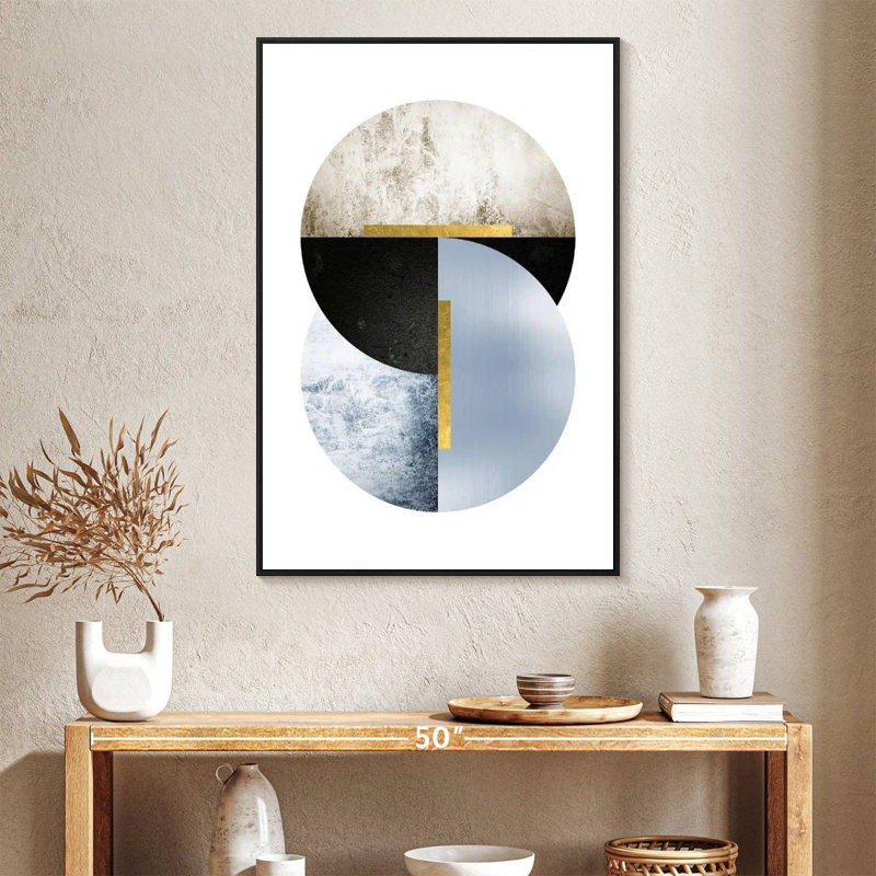 Bleu, beige, noir, géo, Cadre flottant noir, 27 po x 40 po