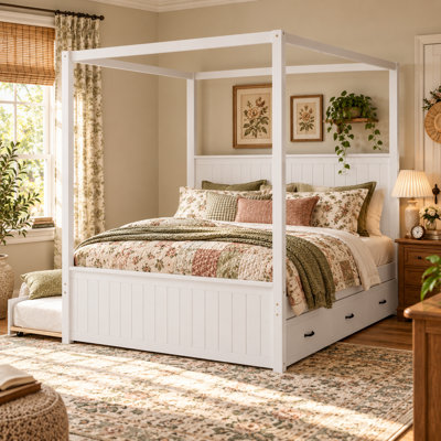 Roddy Queen Size Wood Canopy Bed Frame with Trundle & 3 Storage Drawers, Modern 4-Post Platform Bed with Slat Support