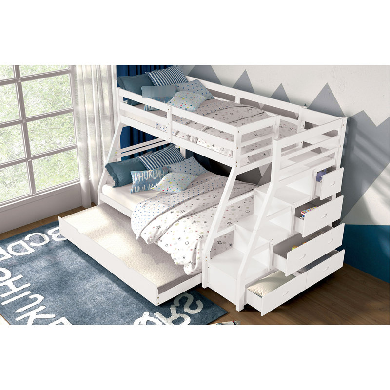 Lit superposé simple au-dessus d'un lit double transitionnel avec finition blanche, joint à glissières et joint verrouillable, marches de rangement intégrées, ensemble de lattes inclus, tiroirs à joints, marches avant accessibles