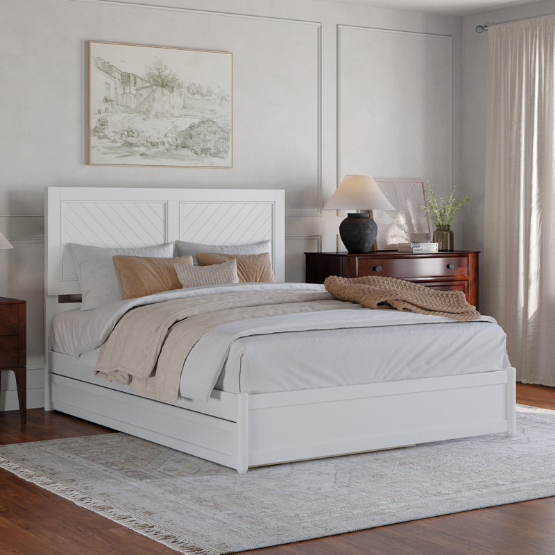 Lamarkus Solid Wood Platform Bed with Footboard & Trundle, White, Queen