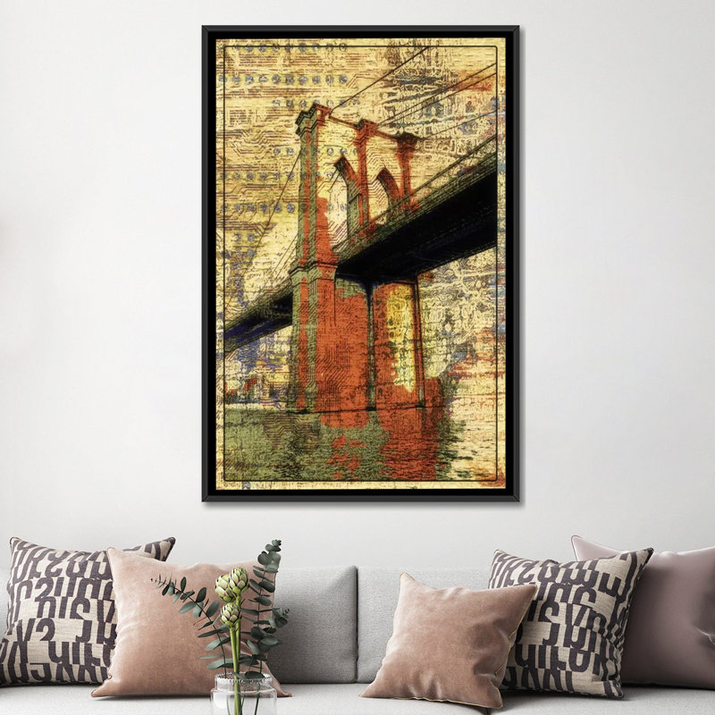 «The Brooklyn Bridge, NYC», impression sur toile tendue, H 26 po x l 18 po x P 1,5 po, Toile avec cadre noir, Pas de tapis