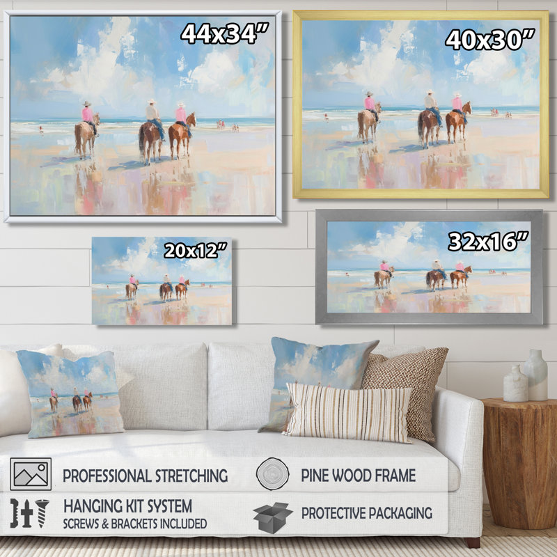Surfside Beach, Texas Cowboys à cheval - décoration murale de cow-filles, H 16 po x l 32 po x P 1 po, Toile tendue