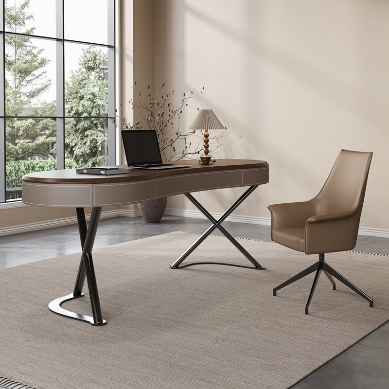 Bureau de 62,99 po en forme d'arc brun à la fois luxueux et minimaliste, H 29,53 po x l 62,99 po x P 27,56 po