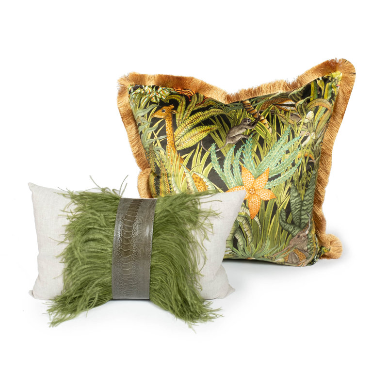 Linen Lumbar Pillow with Ostrich Feather Trim, Natural Linen/Olive Ostrich Feather