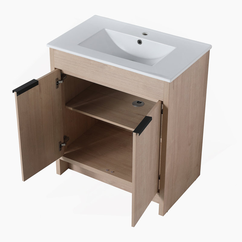 Meuble-lavabo autoportant avec lavabo en céramique blanche et 2 portes d'armoire à fermeture en douceur