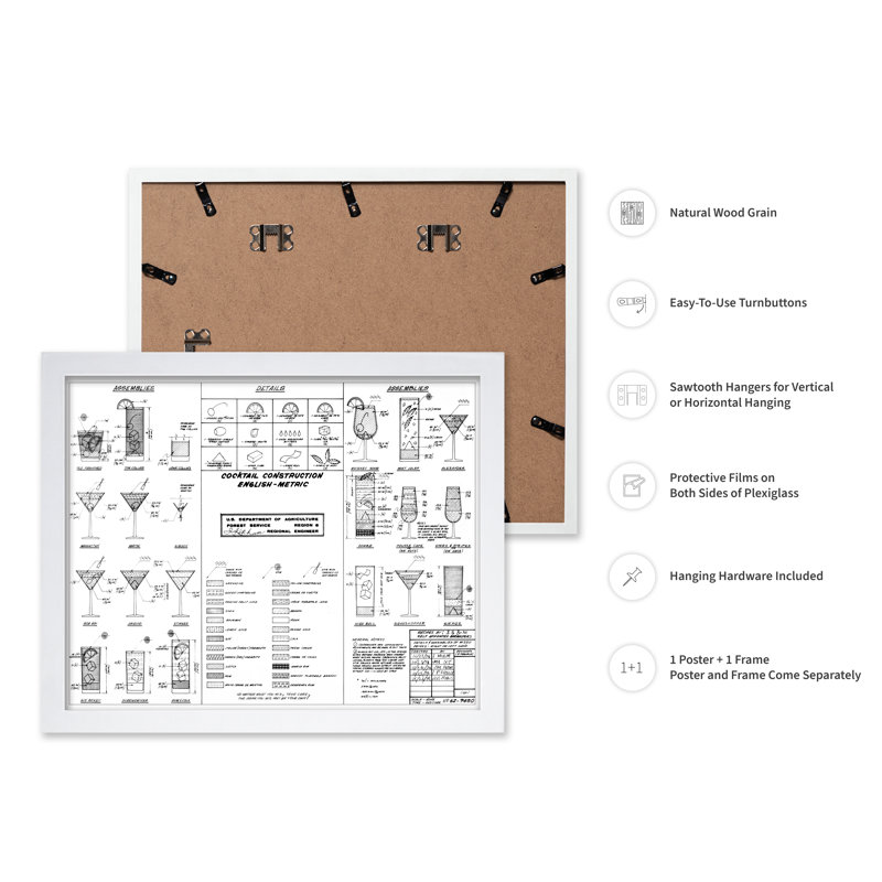 Tableau de construction des cocktails, Affiche, H 18 po x l 24 po, Encadrement blanc