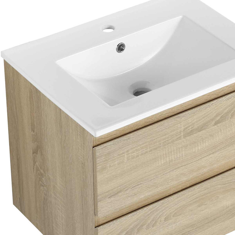 Meuble-lavabo mural avec lavabo en céramique, armoire avec 2 tiroirs à fermeture en douceur, Brun clair
