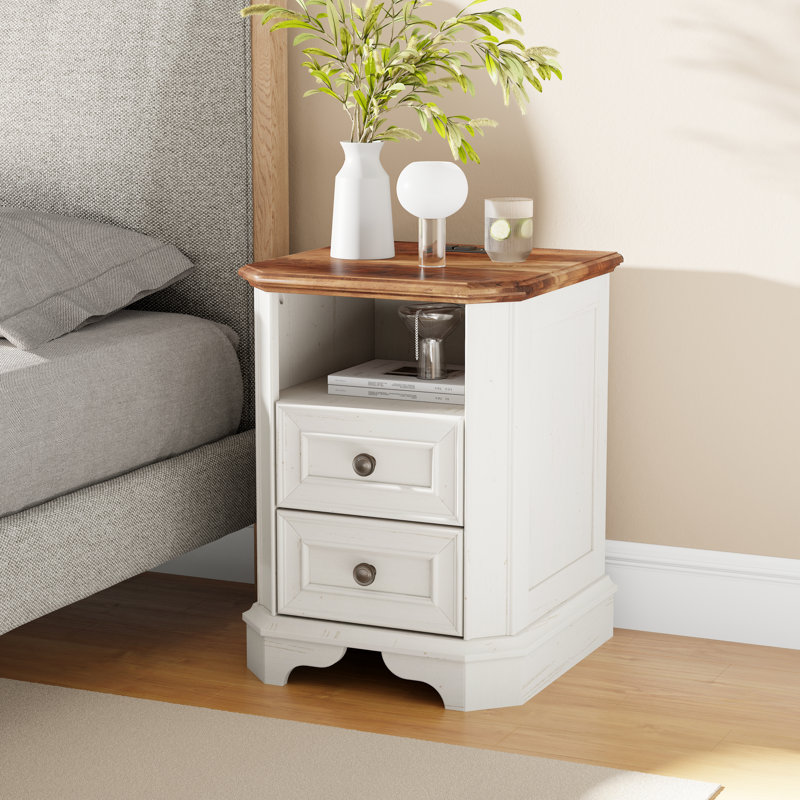 2 - Drawers Modern Wood Nightstand With Charging Station,Bed Side Table With Open Storage For Bedroom And Built-In Outlets