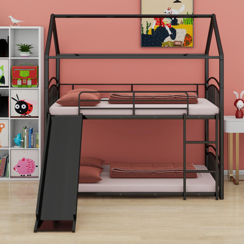 Metal Bunk Bed With Slide,Kids House Bed, Black