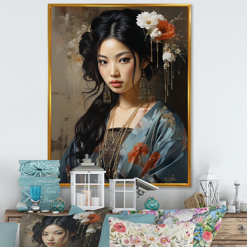 «Caihla Asian Art Geishas Grace I», reproduction sur toile, Cadre flottant doré, H 44 po x l 34 po x P 1,5 po
