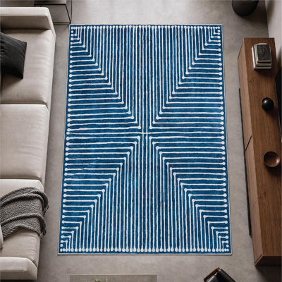 Collection contemporaine GLN Rugs - tapis moderne lavable à la machine, tapis contemporain lavable, tapis antidérapant, tapis de salon abstrait, tapis de chambre à coucher, tapis de salle de bain (tapis bleu)