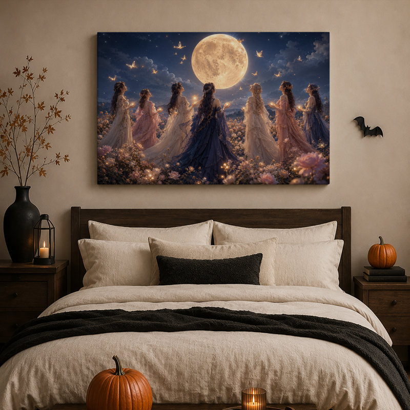 Sept femmes en robes fluides sous la pleine lune - Tableau sur toile pour l'Halloween, H 16 po x l 24 po