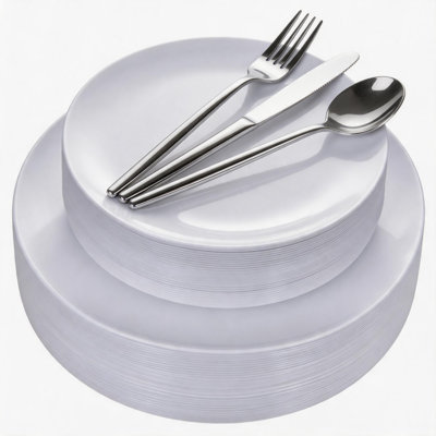 150 pièces d'assiettes jetables noires avec couverts dorés pour pièce