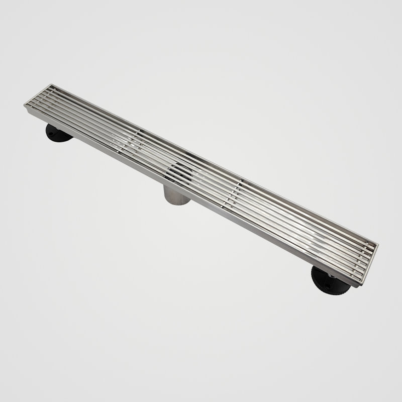 Oceanic 47"x2 3/4"x7/8" Shower Drain, Marine-grade 316 Stainless Steel, Grid Cover, With Hair Strainer and Adjustment Feet