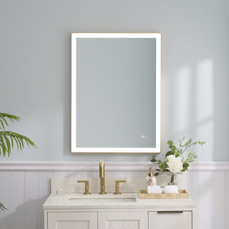 Edlun Bathroom Framed LED Mirror Anti-Fog With Dimmable Light Touch Sensor And Memory Function, 32" x 24", Gold