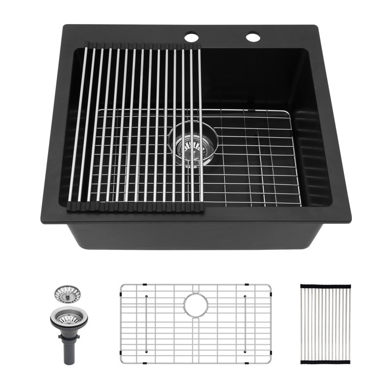 Évier de cuisine en quartz - Évier de cuisine à simple cuve en composite de granit noir 25 po x 22 po x 9,65 po